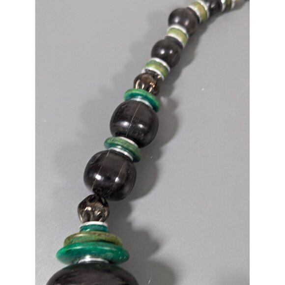 Vintage Green Black Beaded Chunky Tribal Statement Necklace 17" - Picture 7 of 8